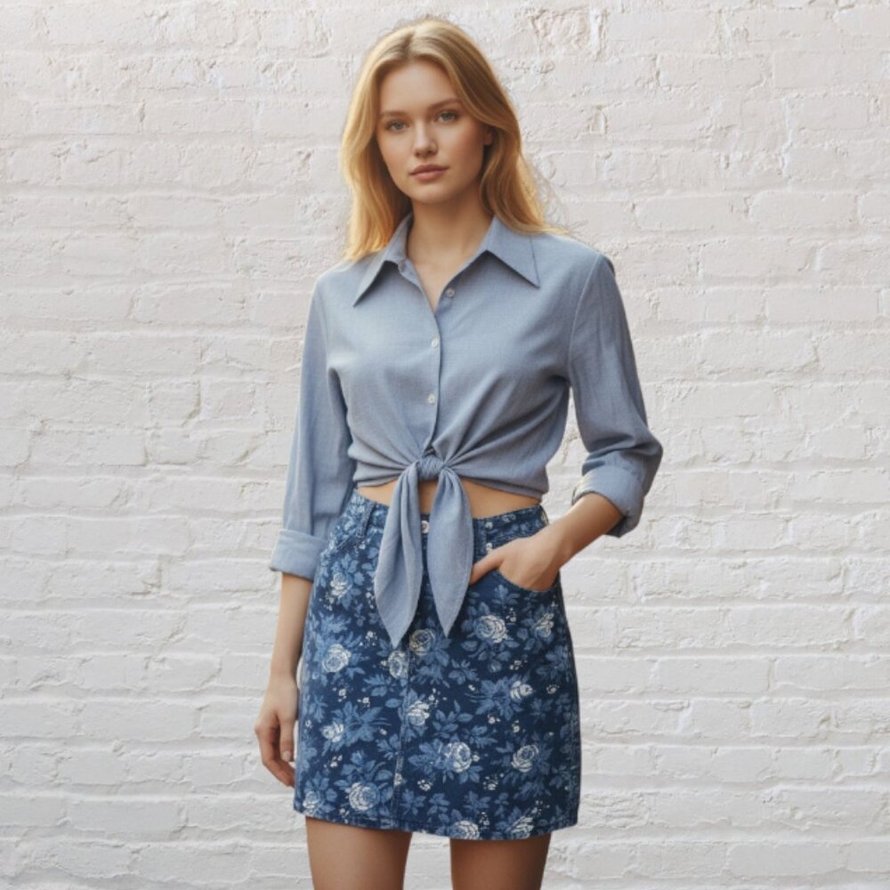 A.M.I. -- VINTAGE 80'S Denim Mini Skirt with Flower Pattern in Blue and White